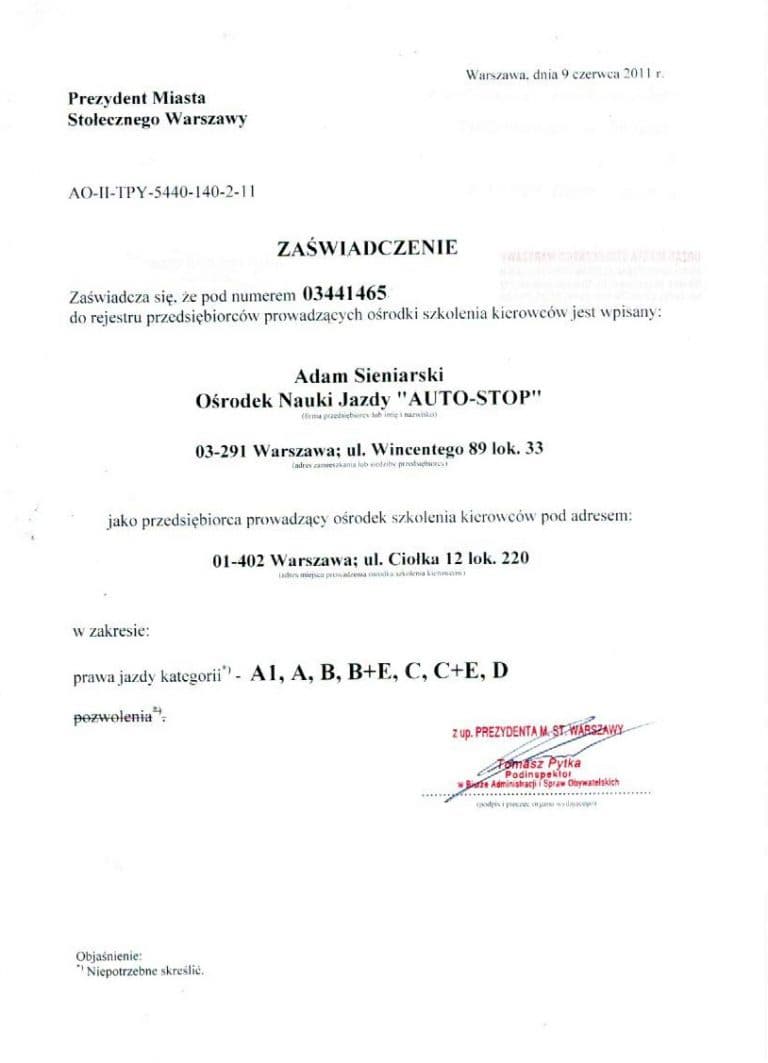 Referencje dla ośrodka Auto-Stop – dokument 12