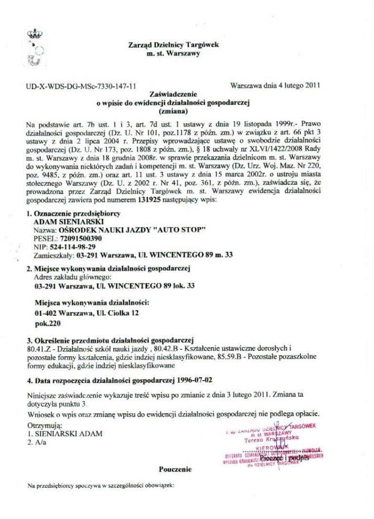 Referencje dla ośrodka Auto-Stop – dokument 14